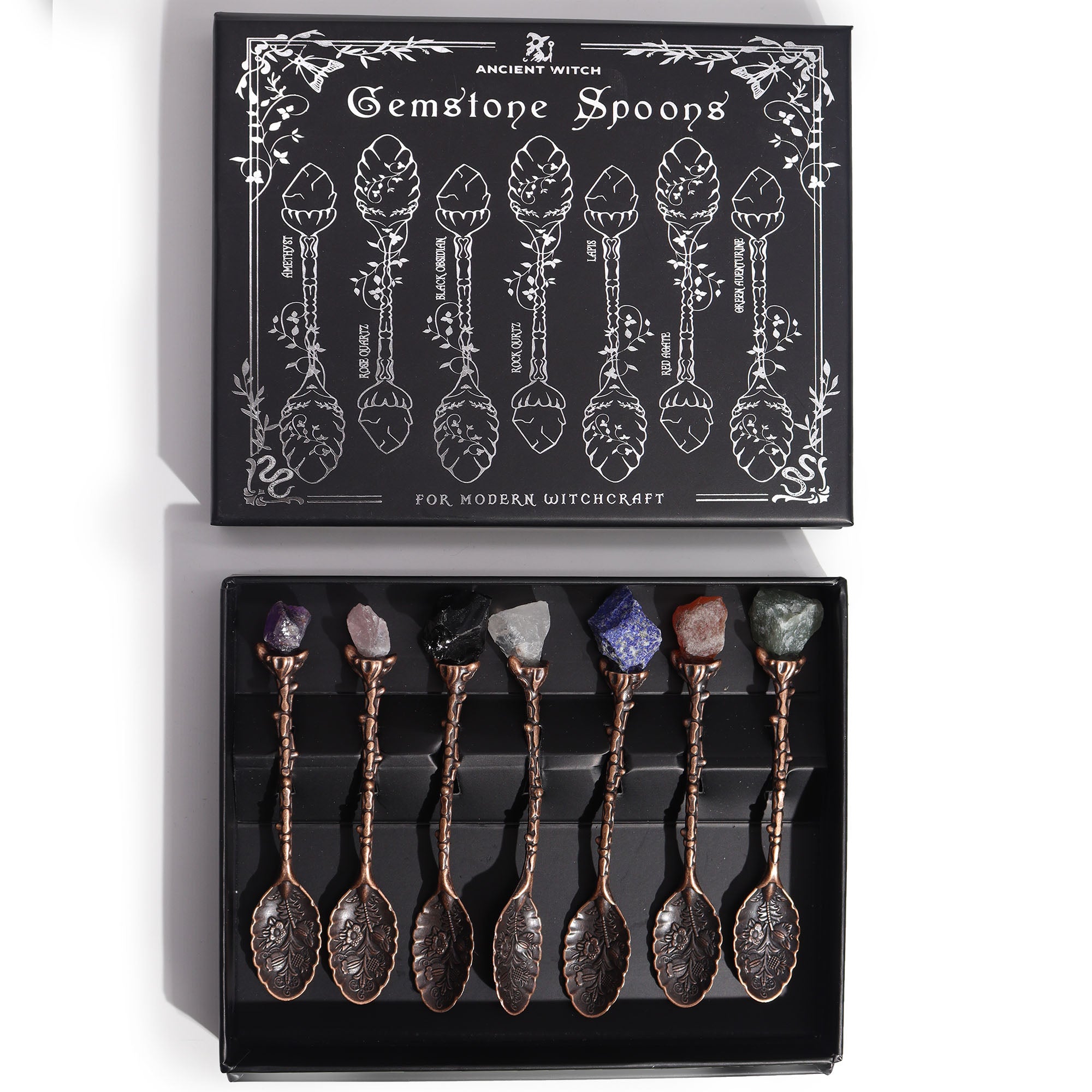 Set of 7 Bronze Gemstone Crystal Witch Spoons